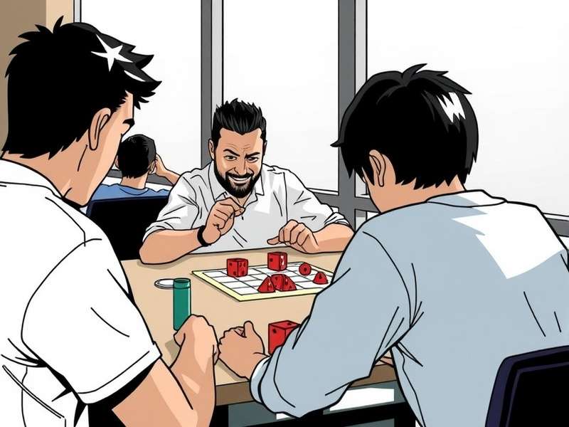 Group of friends playing Yahtzee board game on wooden table