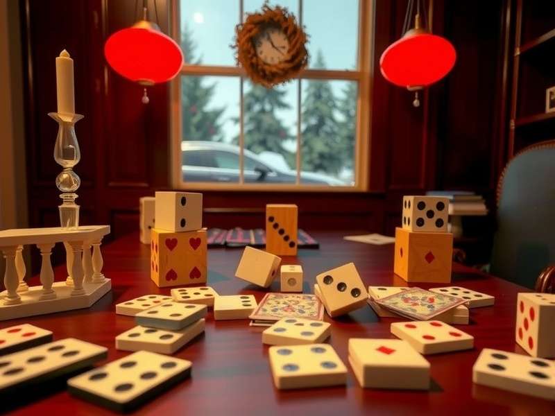 A hand holding five dice and a deck of cards on a wooden table