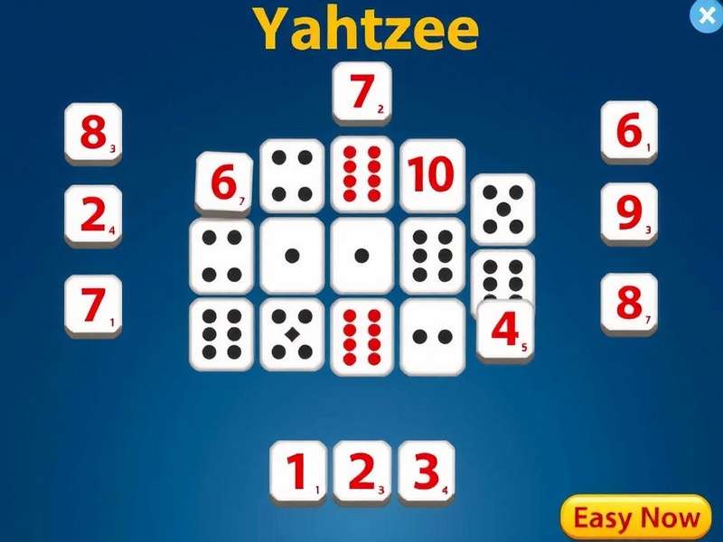 A vibrant digital setup of five dice showing a Yahtzee (all fives) on a wooden table