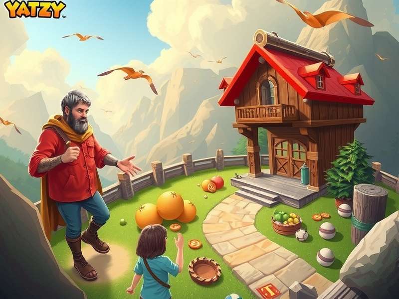 Five dice showing a Yahtzee (all fives) on a wooden table