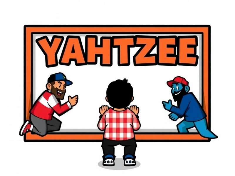 A group of friends playing Yahtzee board game with dice and scorecards