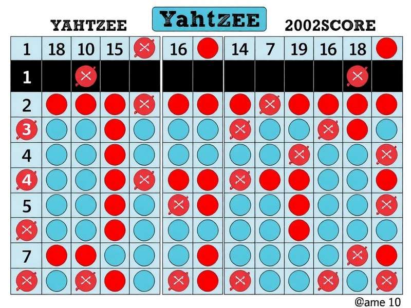 A set of printable Yahtzee score sheets and dice on a wooden table