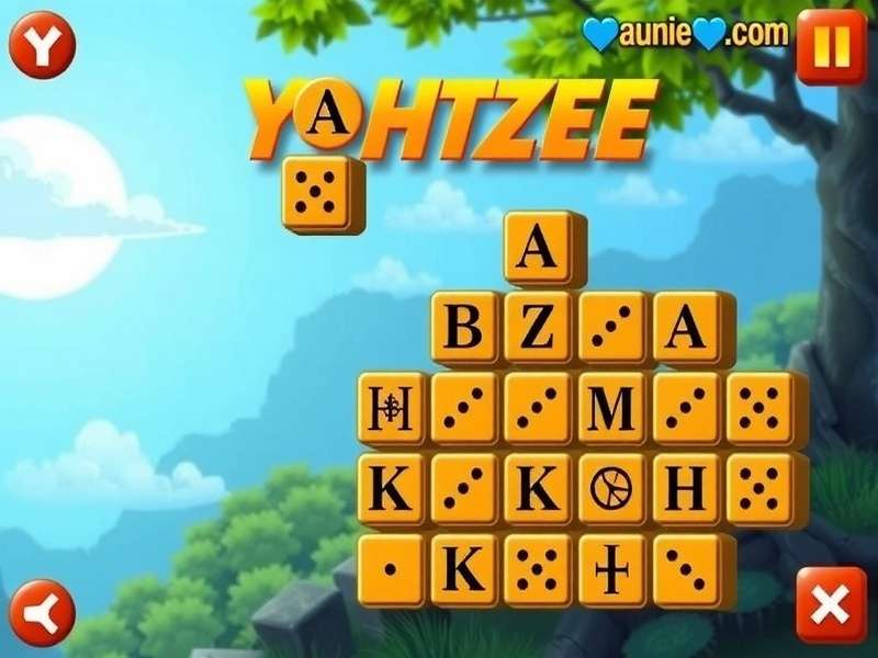 Dice arranged in a Yahtzee configuration on a wooden table