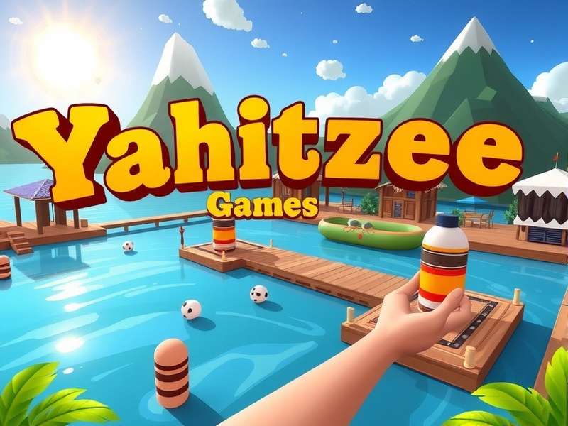 A set of five dice showing a Yahtzee roll of all sixes on a wooden table