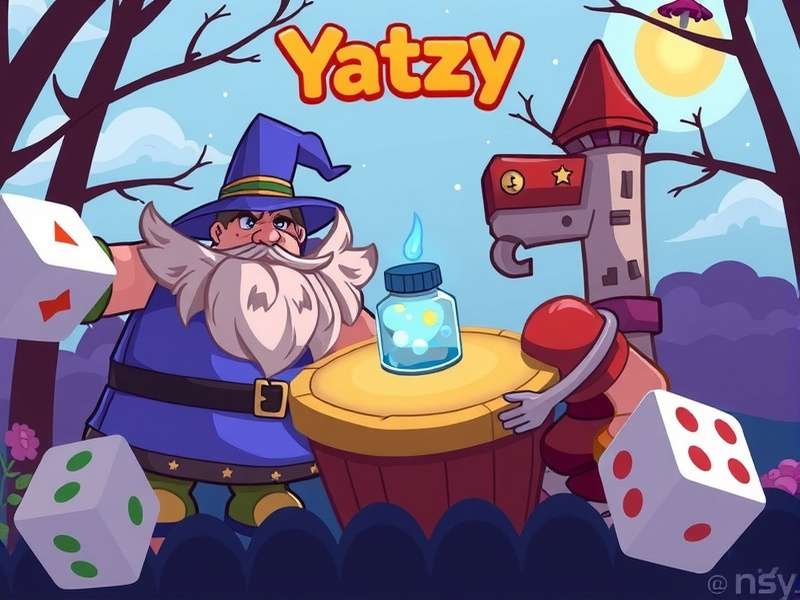 Five dice showing a Yahtzee roll with all sixes