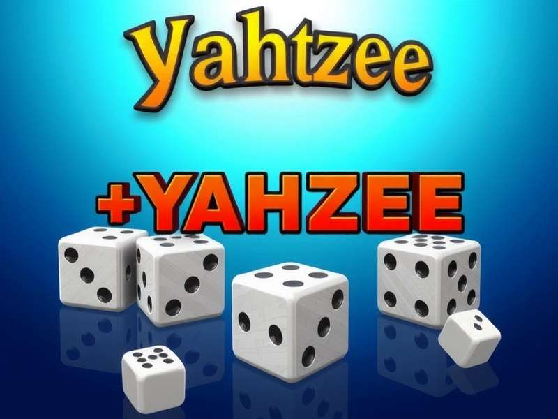 Close-up of a hand holding five dice over a triple Yahtzee scorecard
