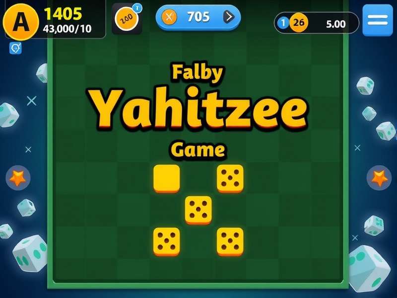 A vibrant setup of five dice and a Yahtzee scorecard on a wooden table