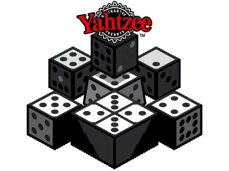 Five dice showing a Yahtzee combination of all sixes on a wooden table