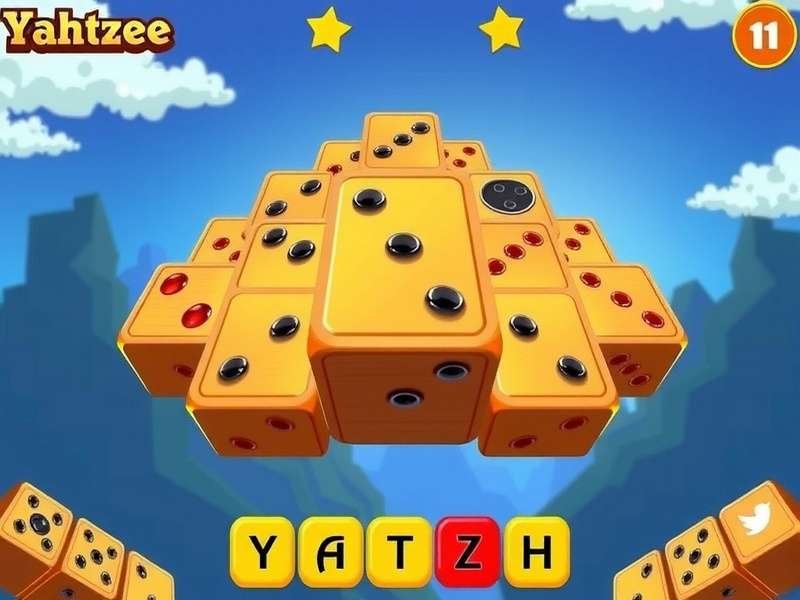 Yahtzee dice game setup with five dice and scorecard