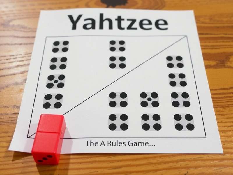 Close-up of Yahtzee dice showing a full house and scorecard