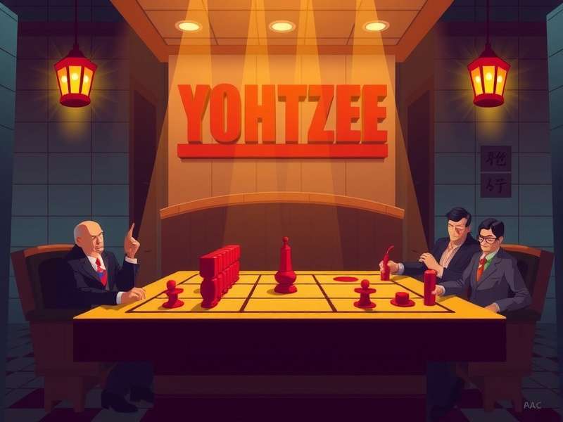 Yahtzee dice game setup with colorful dice on a table