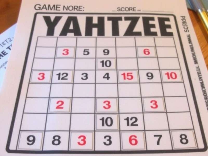 Detailed example of a filled Yahtzee score sheet with strategic markings