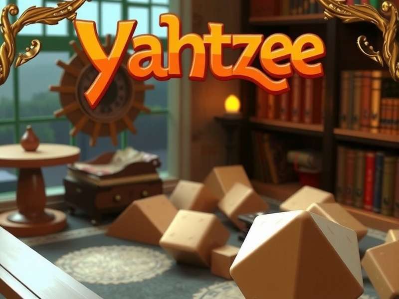 Competitive Yahtzee dice roll with five dice showing a Yahtzee combination