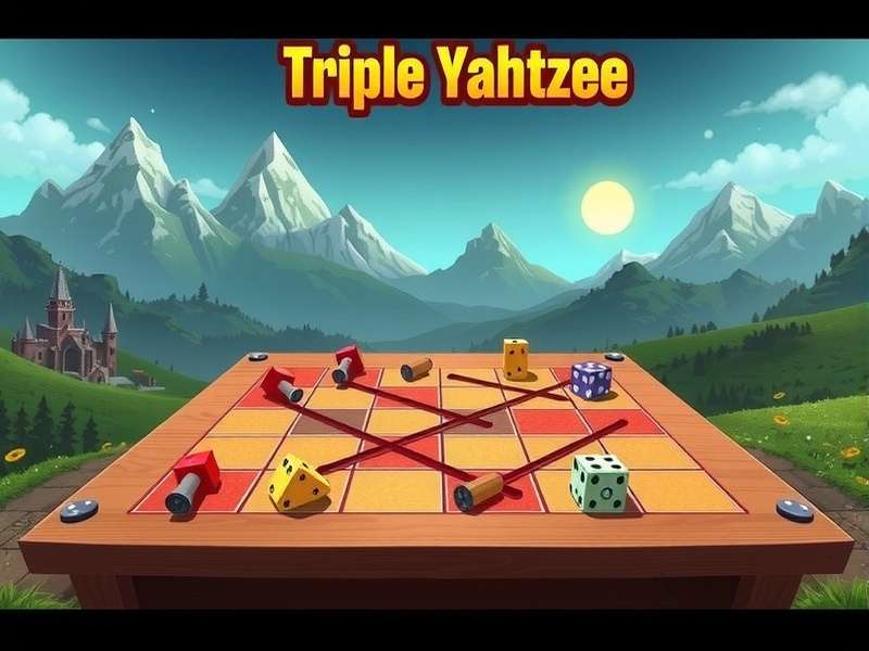 A competitive Triple Yahtzee game setup with three scorecards and dice