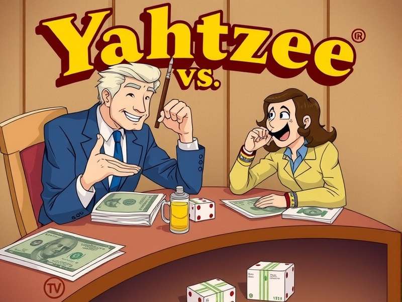 Five dice showing a Yahtzee (all fives) on a wooden table