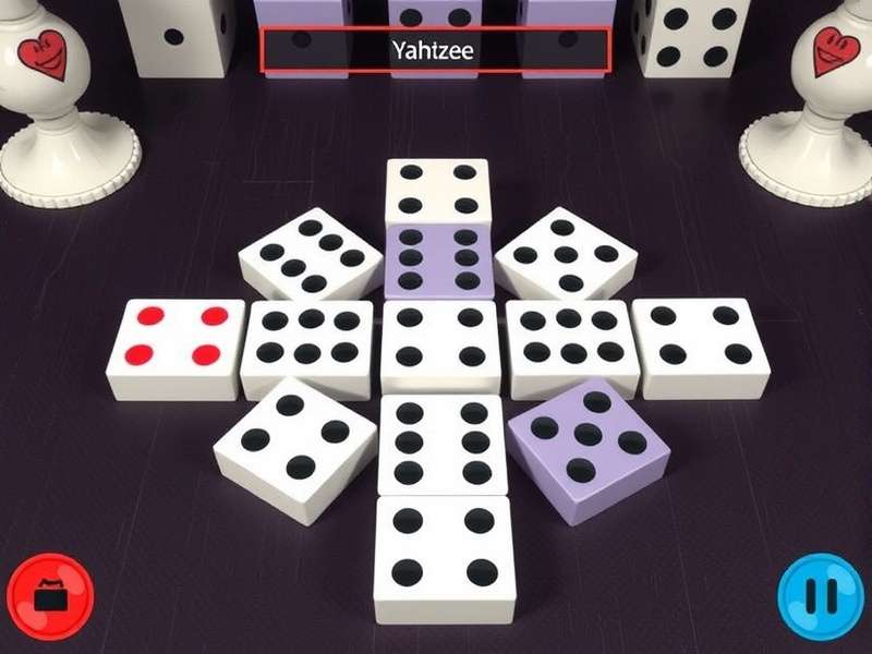 Five dice showing a Yahtzee combination of all sixes on a wooden table