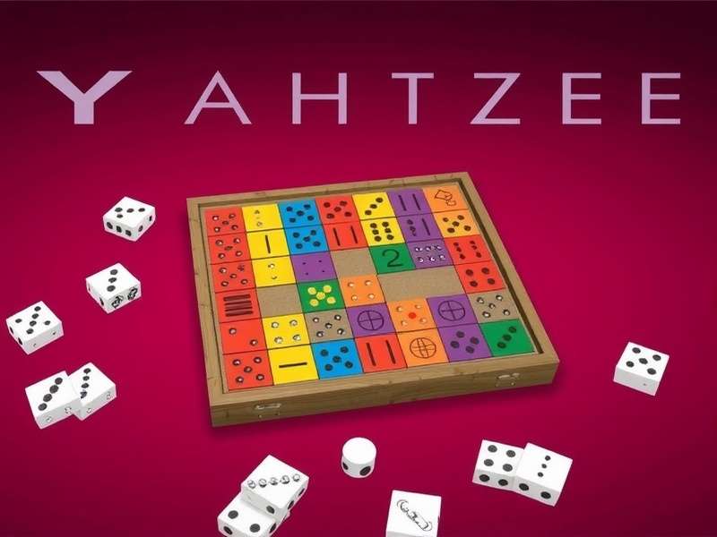 Close-up of five dice showing a Yahtzee (all fives) on a wooden table