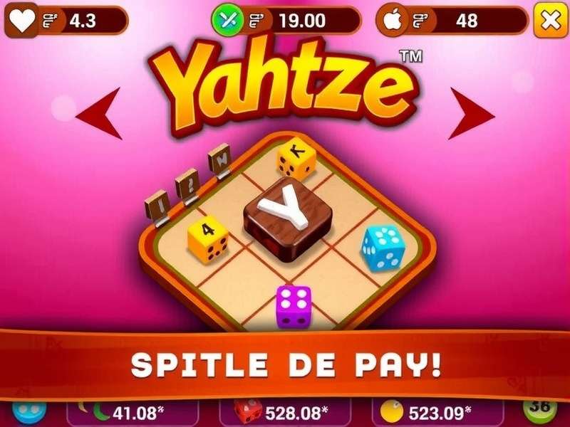 Yahtzee dice game setup with five dice and scorecard