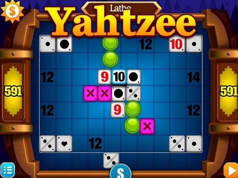 Yahtzee dice showing a full house combination with strategy guide overlay