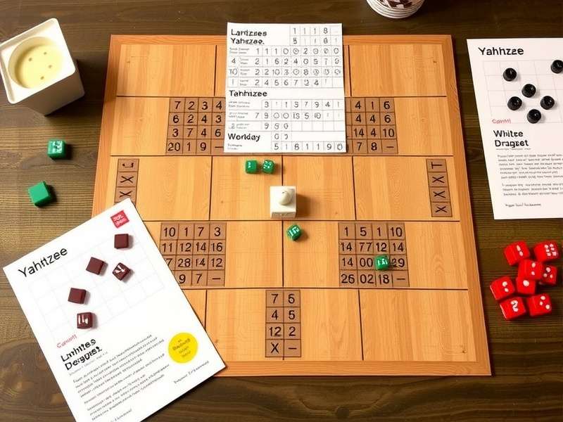 Detailed view of a Yahtzee score sheet with dice and pencil