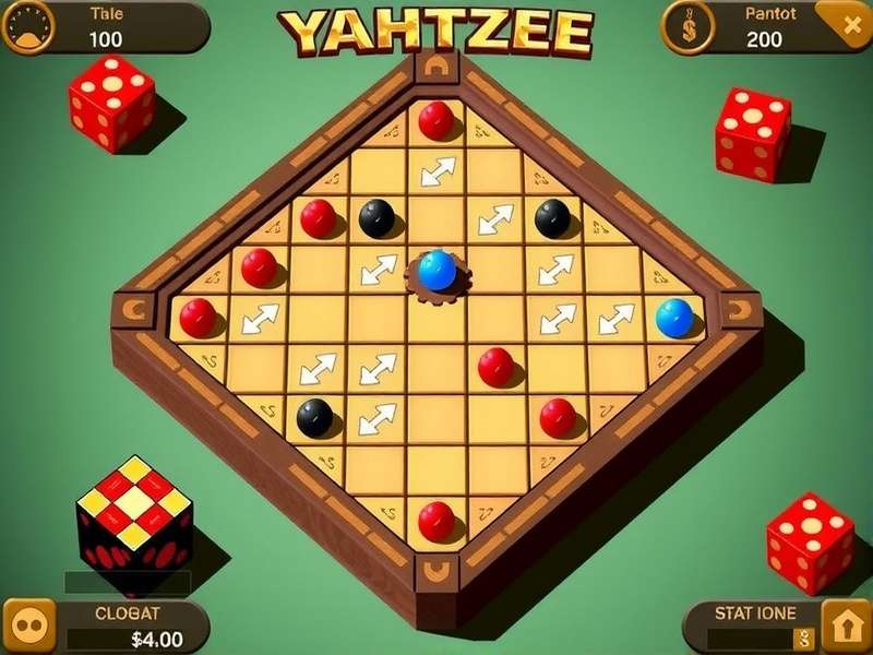 Five dice showing a Yahtzee roll of all sixes on a wooden table