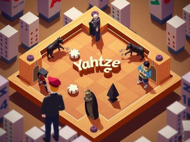 Classic Yahtzee game setup with dice, cup, and scorecard on a wooden table