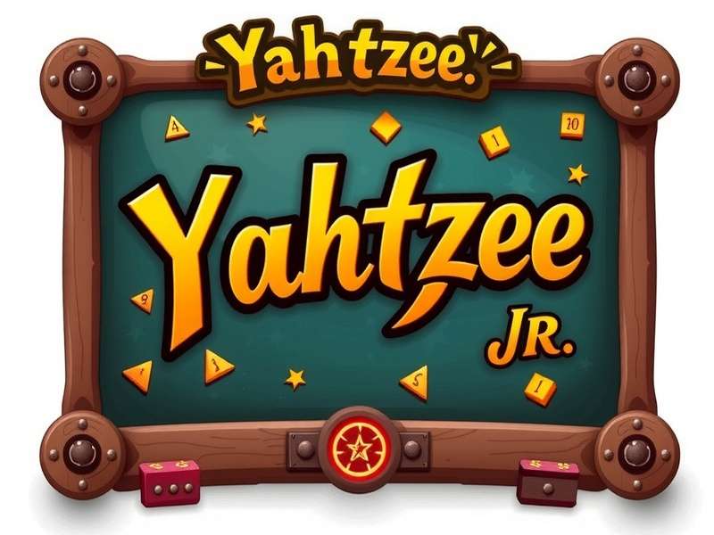 A colorful Yahtzee Jr game box and dice laid out on a table with happy kids playing