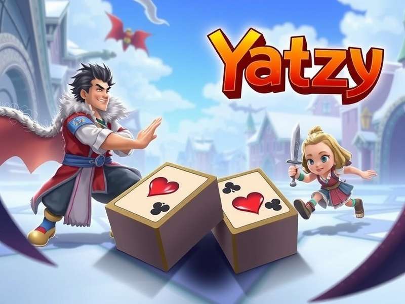 Colorful dice arranged in Yahtzee game pattern on wooden table