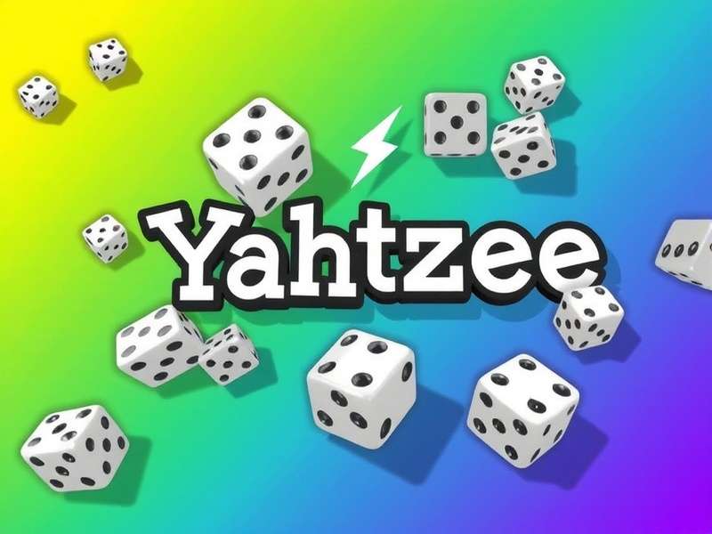 Yahtzee Game dice set on wooden table showing five dice and scorecard