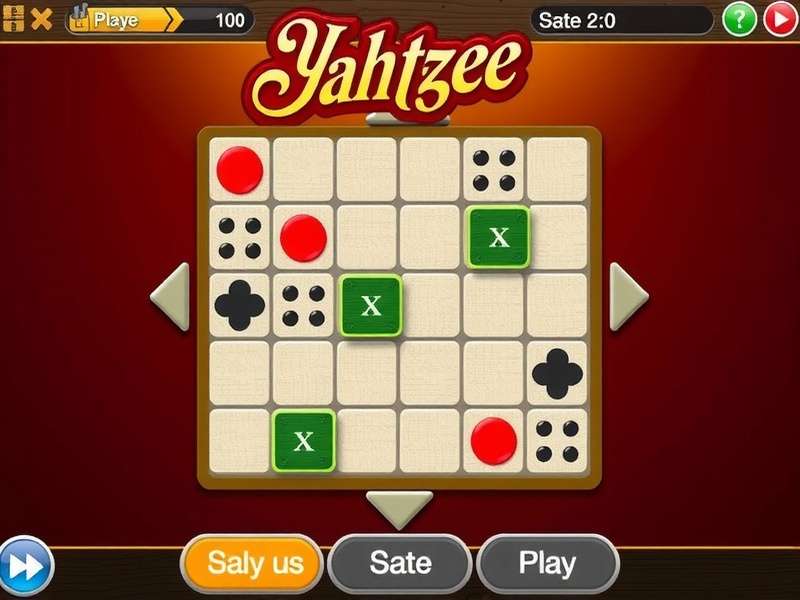 Colorful Yahtzee dice and scorecard arranged on a wooden table, ready for a free game of Yahtzee