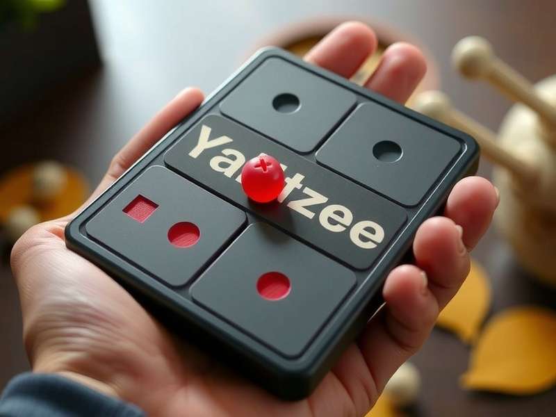 A classic Handheld Yahtzee Game device showing dice and score display