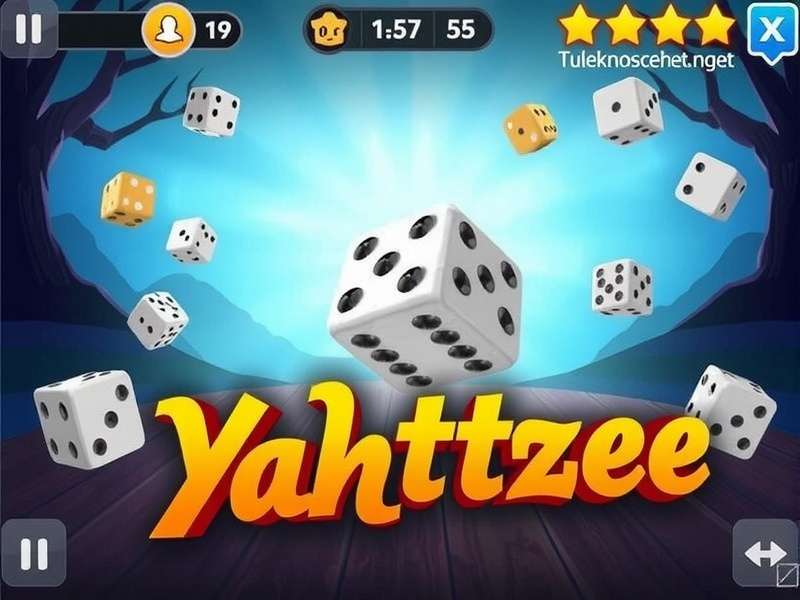 Five Yahtzee dice arranged on a scorecard showing a full house and yahtzee bonus
