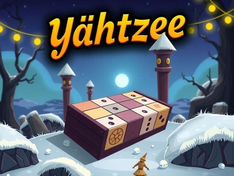 Yahtzee dice game setup with dice, cup, and scorecard on wooden table