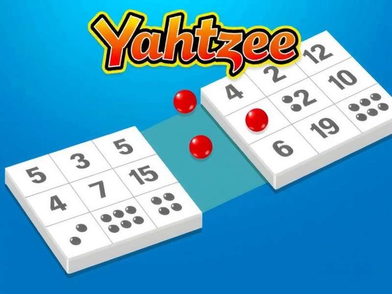 Colorful Yahtzee dice set up for a game on a wooden table