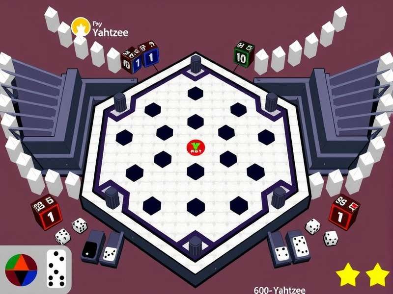 Triple Yahtzee game setup with three scorecards and dice