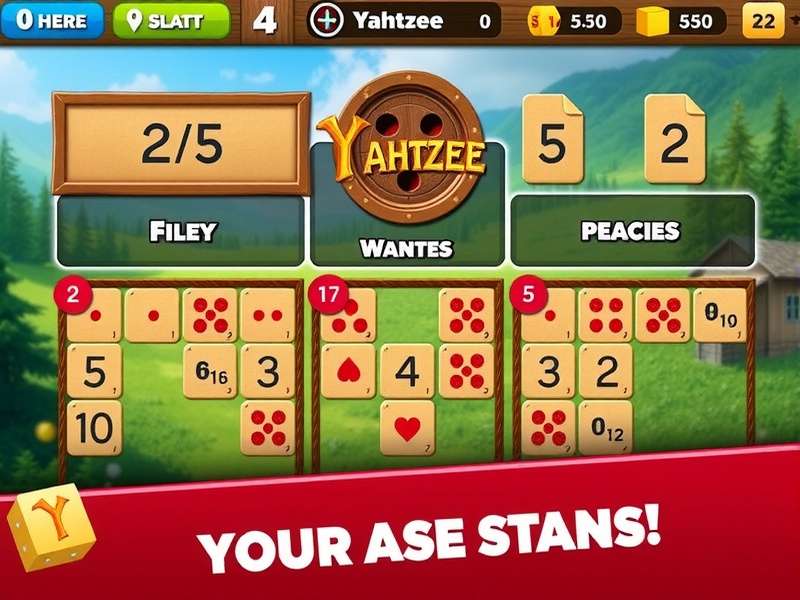Yahtzee dice game setup with colorful dice and scorecard on a wooden table