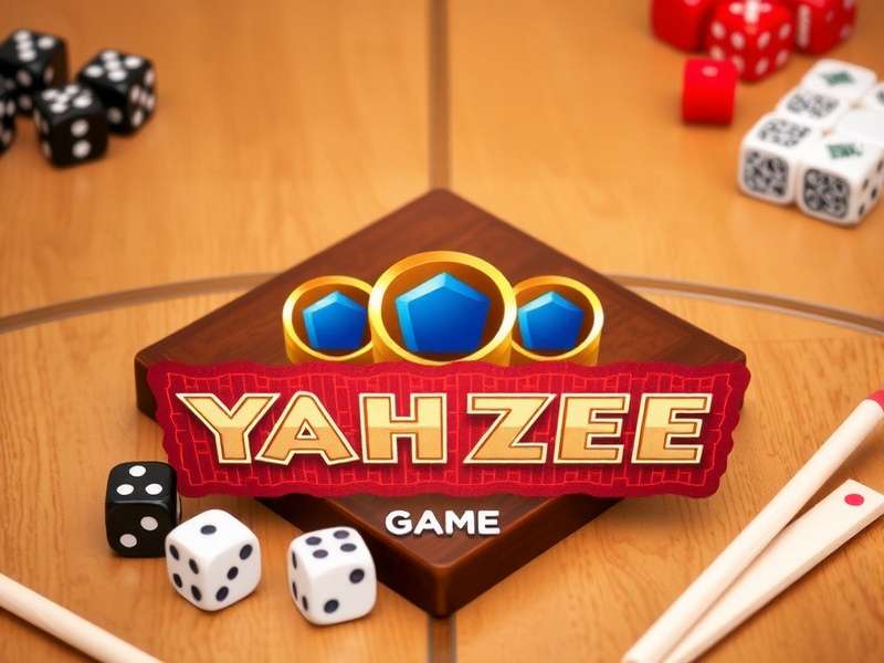Classic Yahtzee game setup with dice, scorecard, and cup on wooden table