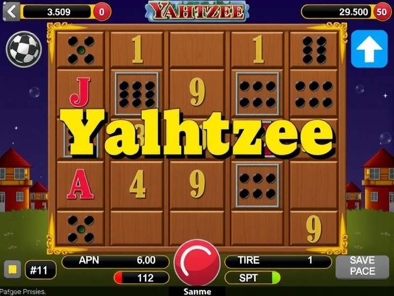 Yahtzee dice and scorecard arranged on a wooden table